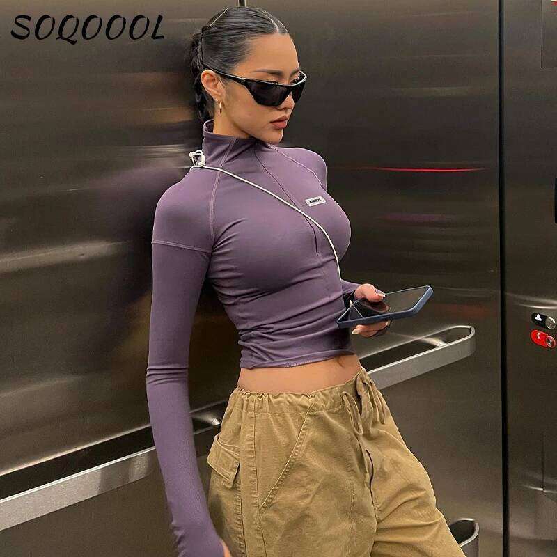 Y2k Long Sleeve T Shirt Women Stand Collar Zip Crop Tops Pullover Causal Basic Skinny Tees Streetwear Sexy Female Clothes