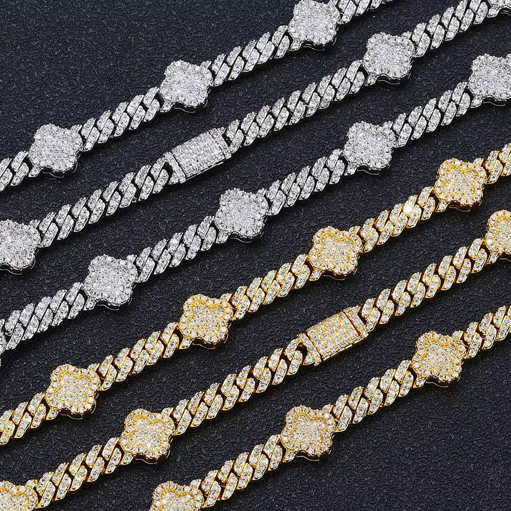 NUOYA Four Leaf Clover Design 6MM Cuban Chain Shiny Single Row Diamond Prong Cuban Link Chain Necklace Women Jewelry for Gift