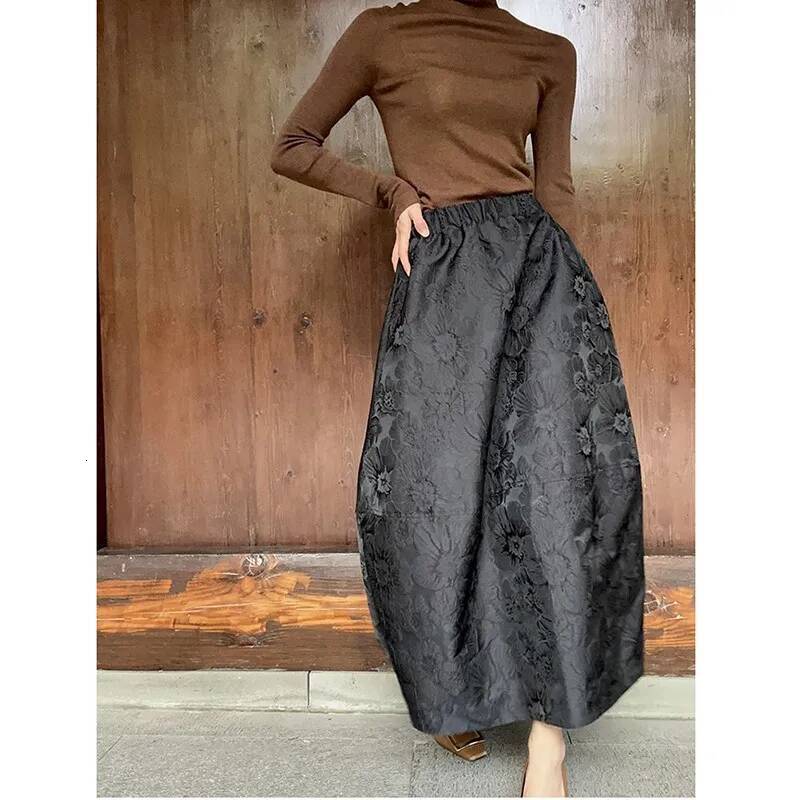 2024 New Arrival Spring/summer Arts Style Women Casual Loose Fit Elastic Waist A-line Jacquard Design Ankle-length Skirt P02 dongdumaoyi