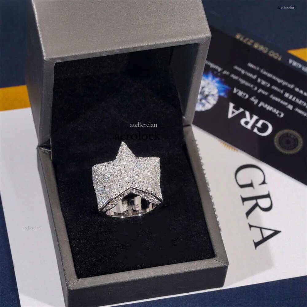 Hip Hop New Sier Inlaid D Color VVS Moissanite Star Style Unisex Ring Ins Fashion