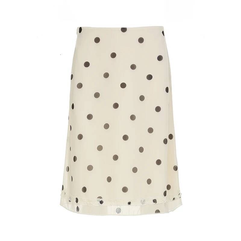 IAMHOTTY Dot Print Midi-calf Skirt Y2K Aesthetic Low Waist Straight French Style Ruched Edge Hem Pencil Skirts Chic Women dongdumaoyi