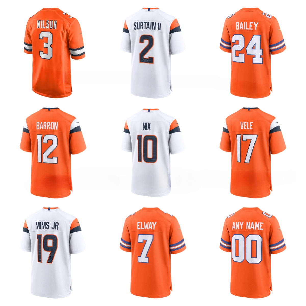 Broncos Bo Nix Patrick Surtain II John Elway Terrell Davis Champ Bailey Jahdae Barron Peyton Manning Marvin Mims Jr Courtland Sutton Custom Football Jersey