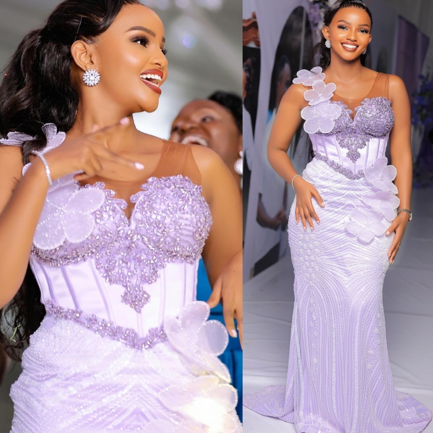 Mermaid Light Lilac Prom Dresses 2025 Flowers Crystals Beaded Sequined Evening Formal Party Second Birthday Engagement Gowns Plus Size Dress For Speci