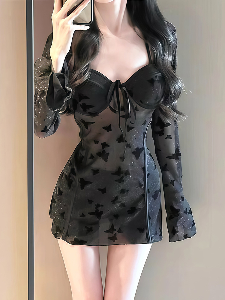 Black Butterfly Shimmer One-Piece Swimsuit for Women, Long Sleeve, Slimming, Sheer, Sexy, Small Chest, Gathered, Hot Spring