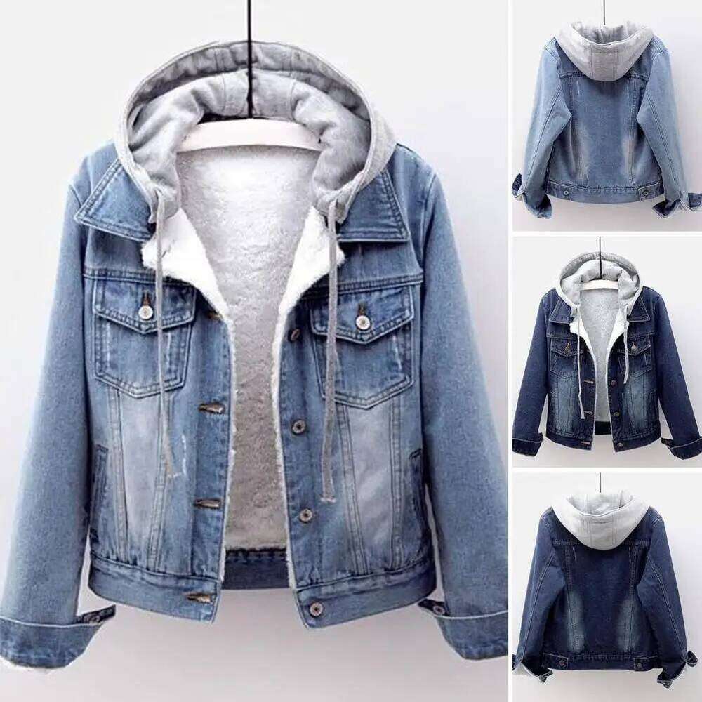 Detachable Hat Flap Pockets Thermal Plus Size Denim Winter Jacket Lady Coat For School