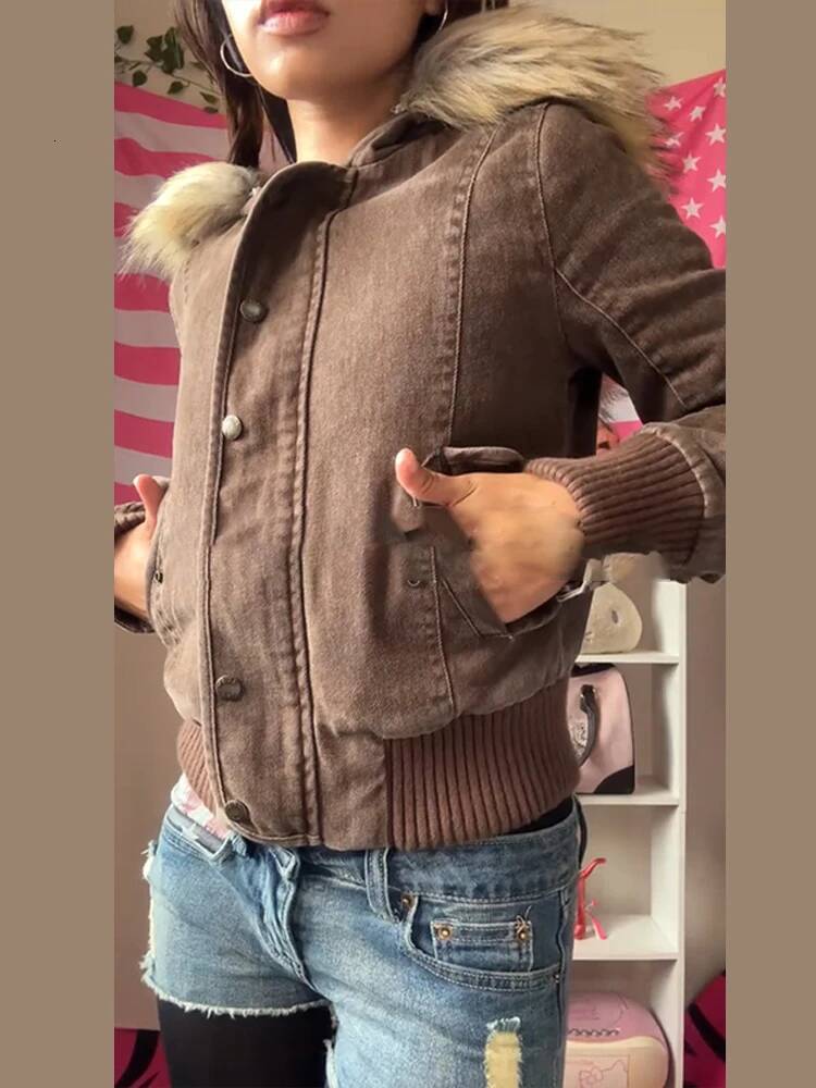 Elegant Fur Patchwork Hooded Coat Women Chic Thicken Zipper Pocket Button Female Jacket 2025 Autumn Winter Lady Streetwear