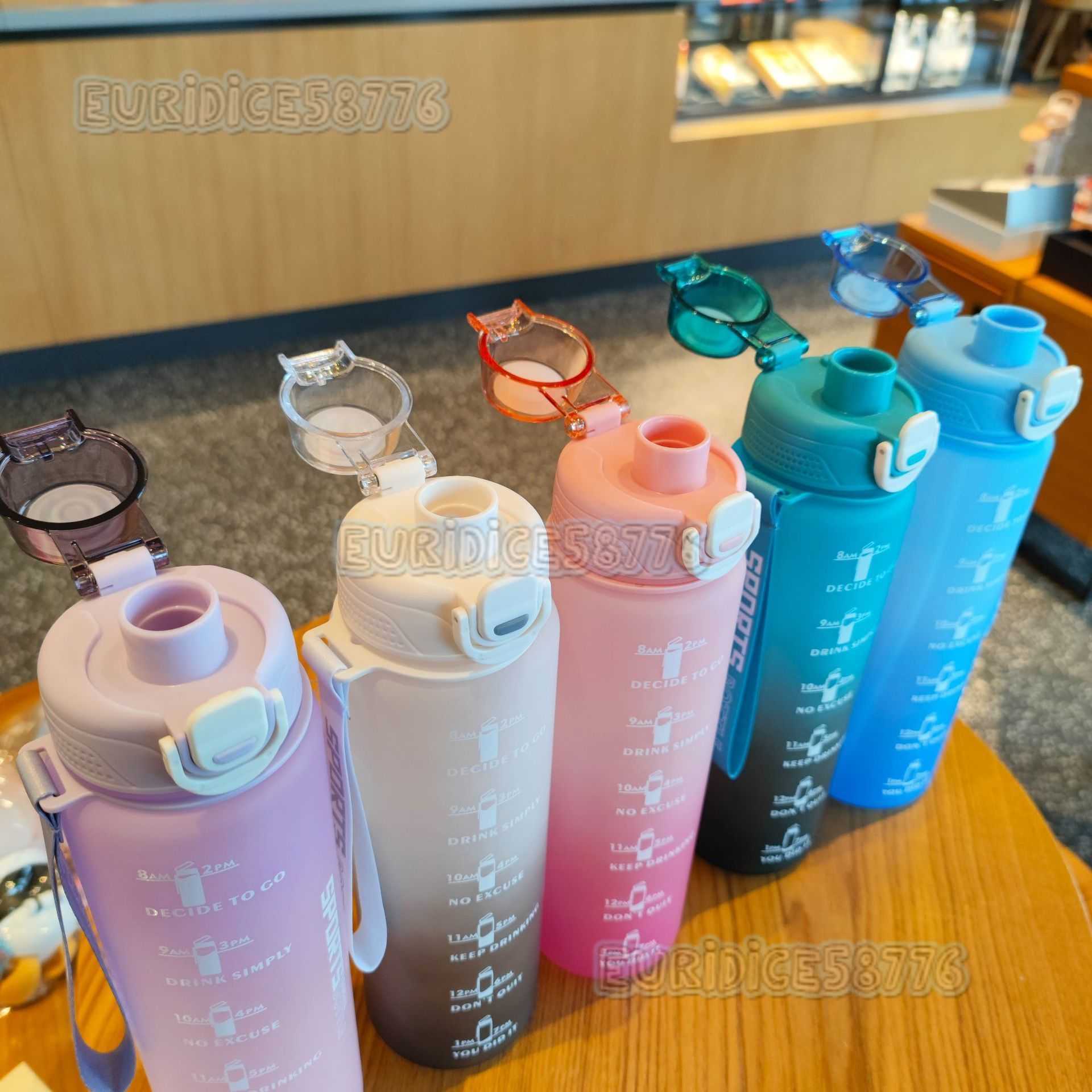 Plastic Water Cups 1000ml Direct Drinking Gradient Color Frosted Portable Strap Sports Fitness Water Bottle H250911