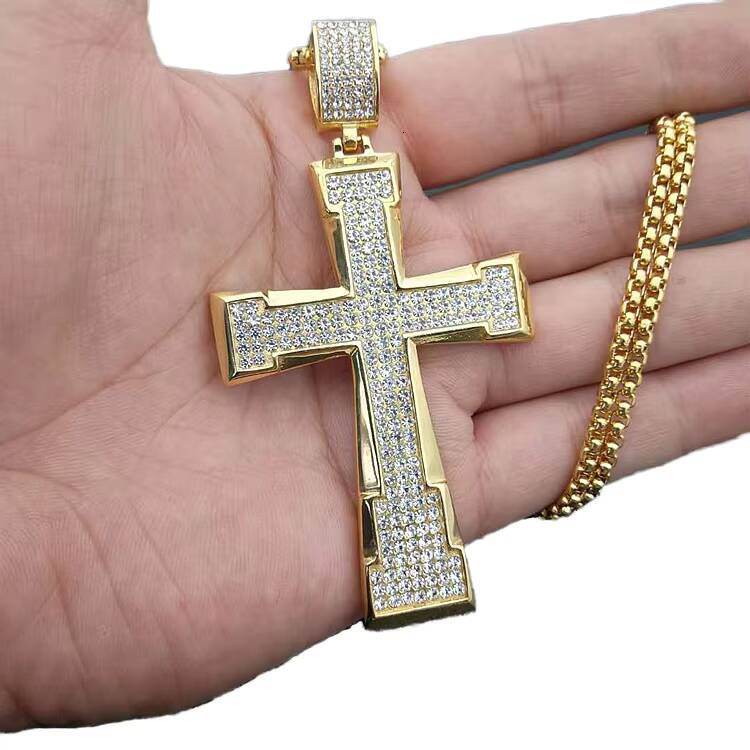 Hip Hop Mens Fully CZ Diamond Stainless Steel Cross Necklace Gold Plated Box Chain with Religious Style for Gift Engagement