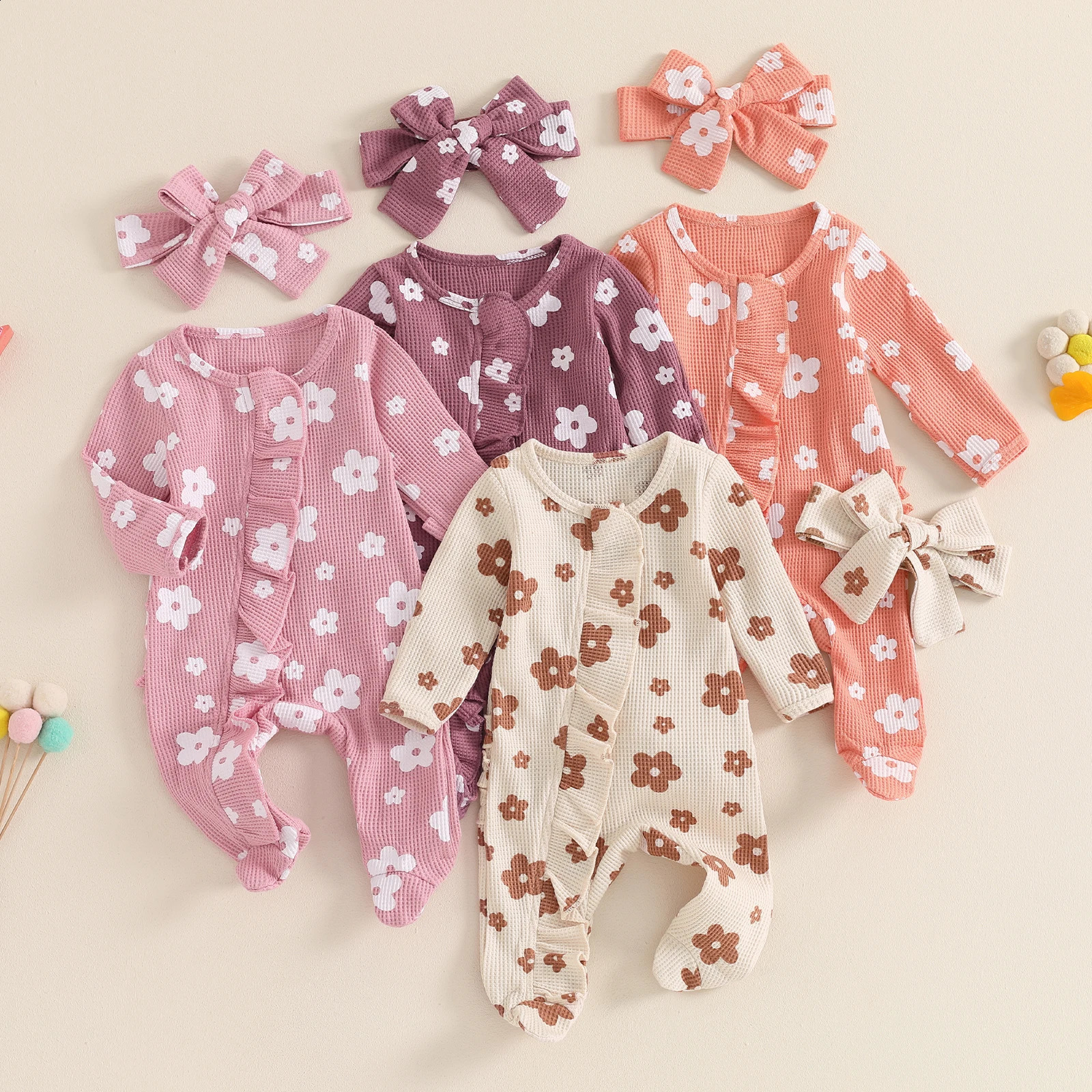 Toddler Baby Girls Floral Footies Jumpsuit and Headband Children Cotton Long Sleeve Frills Zipped Autumn Spring Kids Clothes 250910