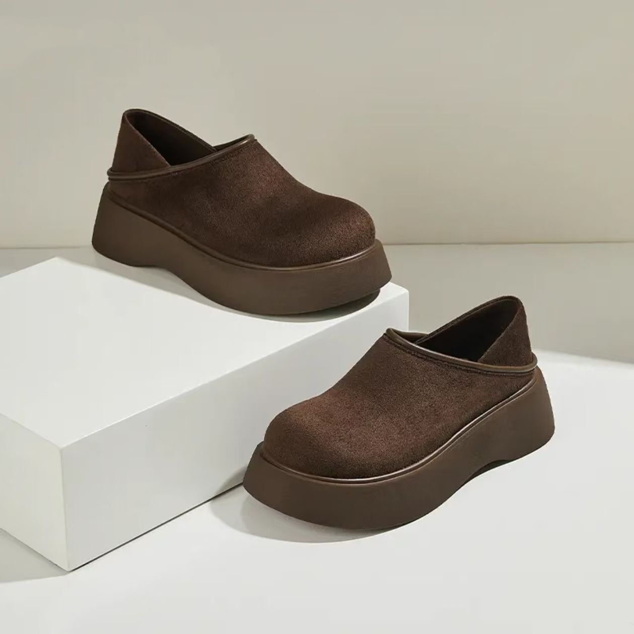 Autumn new designer shoes suede fashionable slip sleeve thick sole height increasing loafers platform sole women's shoes