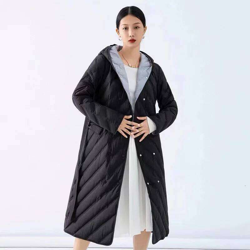 Lagabogy 2025 Winter Coat Women Long Windproof Hooded Warm 90%White Duck Down Jacket Female Double-Breasted Slim Parka With Belt