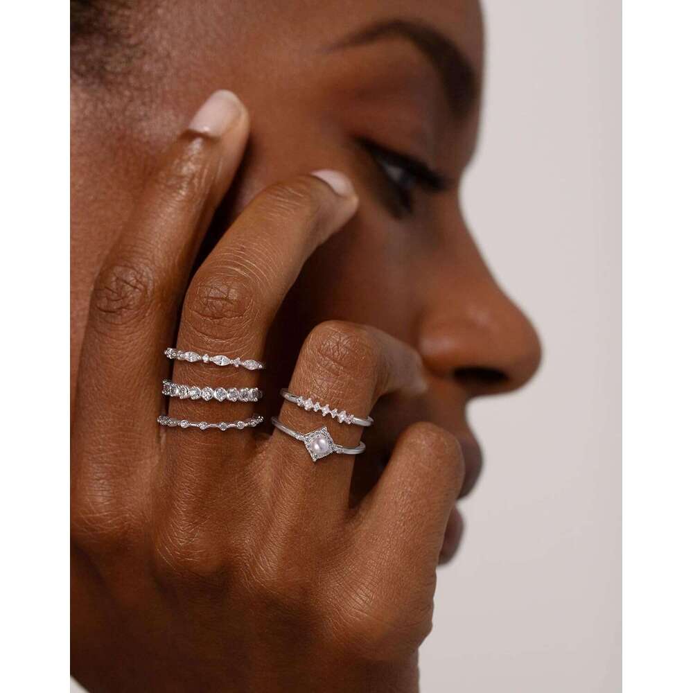 Stackable for Non Tarnish, Dainty Sterling Sier Dia Pearl Rings Set Thumb Fashion Thin Cubic Zirconia Simple Unique Statement Ring Pack Women Jewlery 