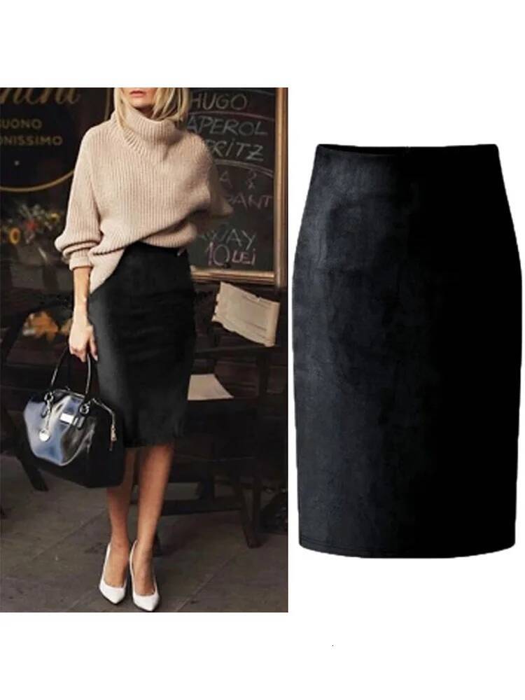Sexy Multi Color Suede Midi Pencil Skirt Women 2024 Fashion Elastic High Waist Office Lady Bodycon Skirts Saias dongdumaoyi