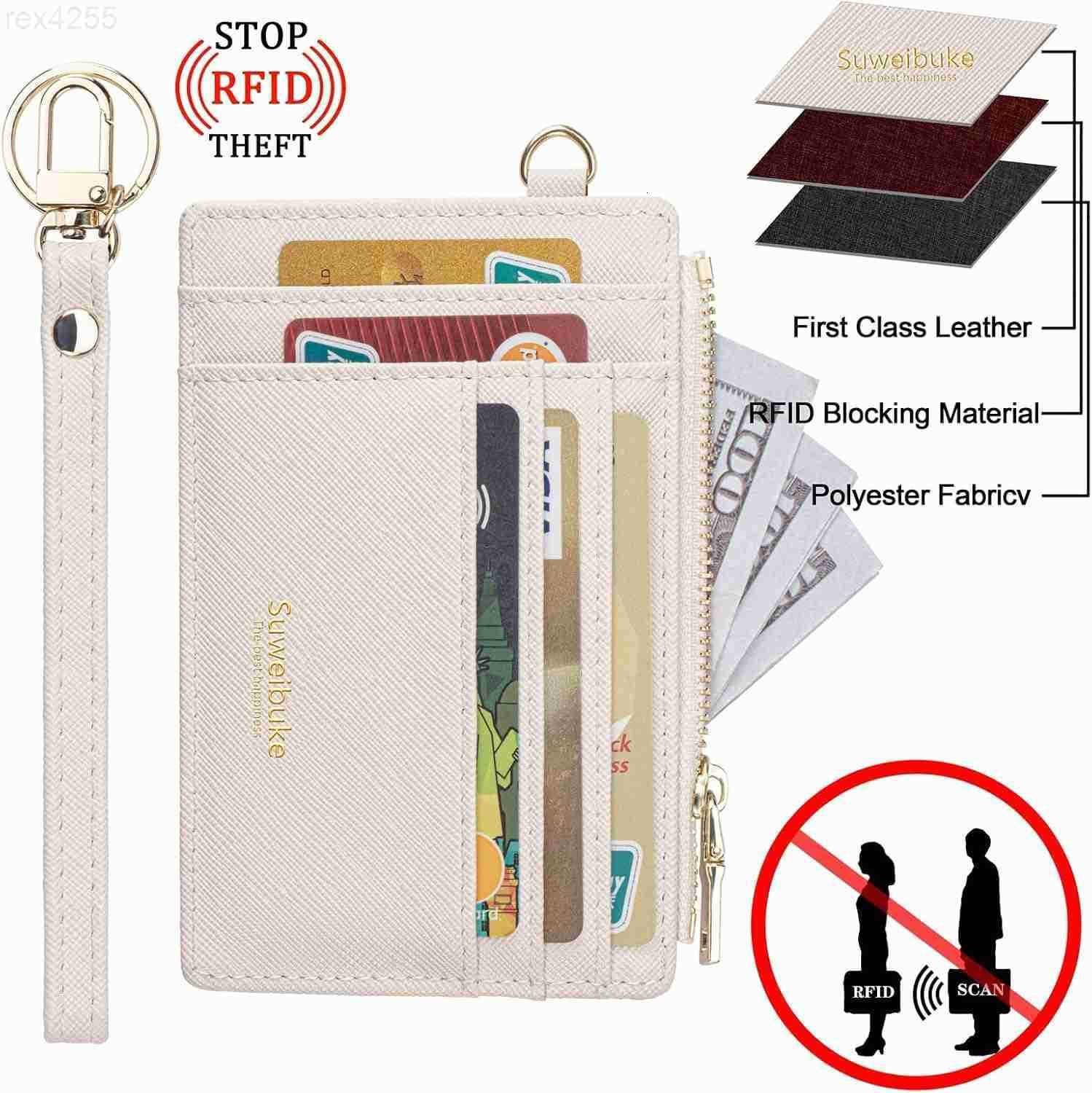 Women Slim Rfid Blocking Credit Card Case Holder Wristlet Zip ID Case Wallet Small Compact Leather Wallet Coin Purse with Keychain BeigeW250911