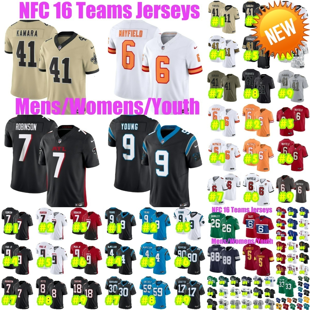 16N NEW Baker Mayfield Alvin Kamara Jersey Chris Olave Bijan Robinson Michael Penix Jr Kyle Pitts Bryce Young Tetairoa McMillan Mike Evans Mens Youth Kids