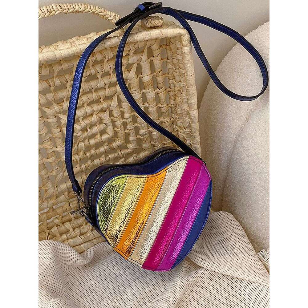 New Cute Color-Block Heart For Women, Niche Design Rainbow Patchwork Heart-Shaped Shoulder Crossbody Bag