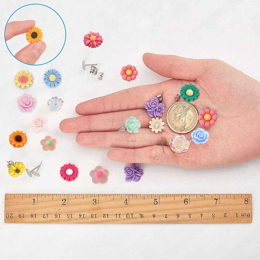 1 Box DIY 20 Pairs Mixed Resin Flower Flatback Cabochon Studs Earring Kit Resin Rose Daisy Charms with Stainless Steel Post for Jewelry Making Arts Cr