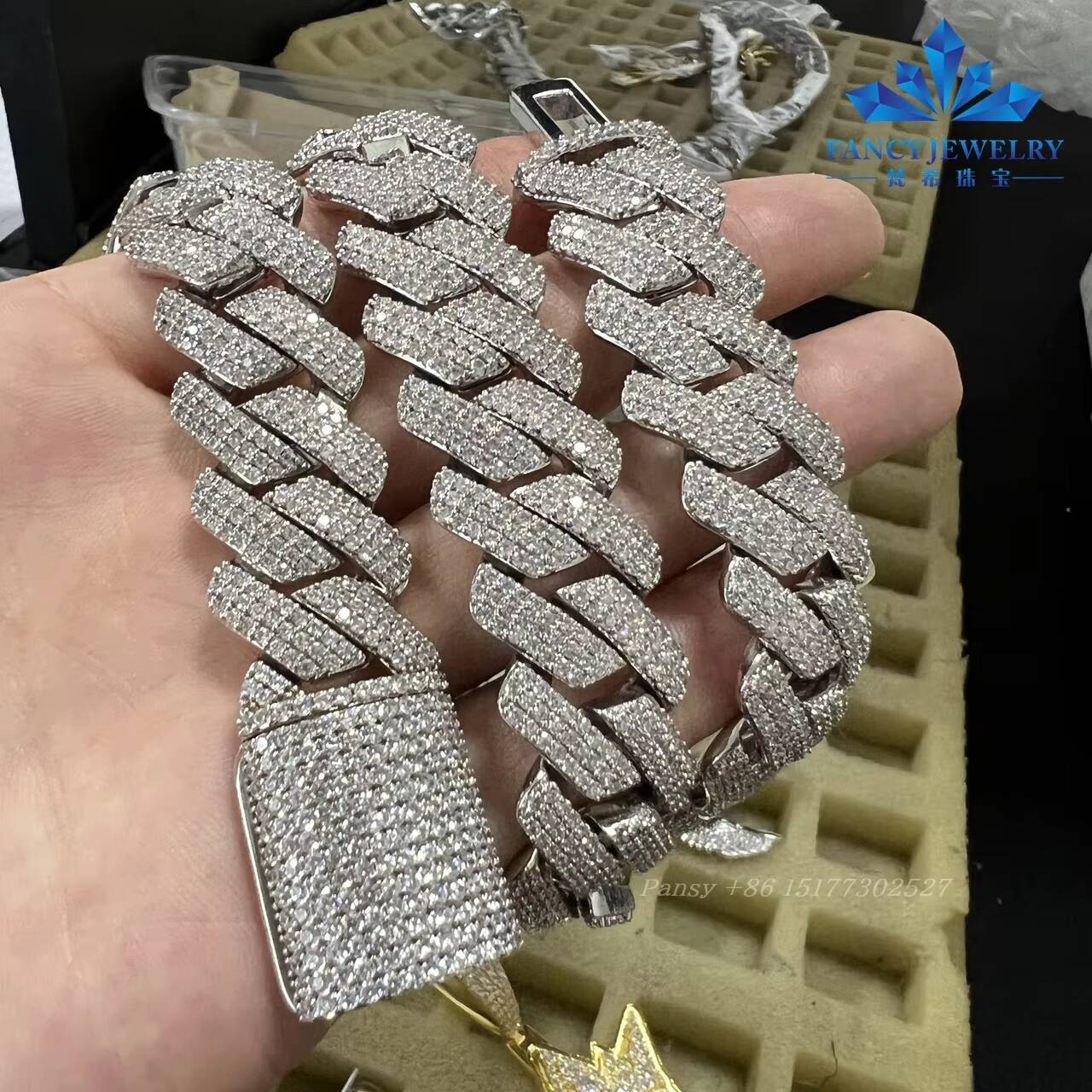 Miami Hip Hop Jewelry 16mm Cuban Chain Gold Plated Iced Out Prong Iced Setting Necklace CZ Diamond Prong Cuban Link Chain