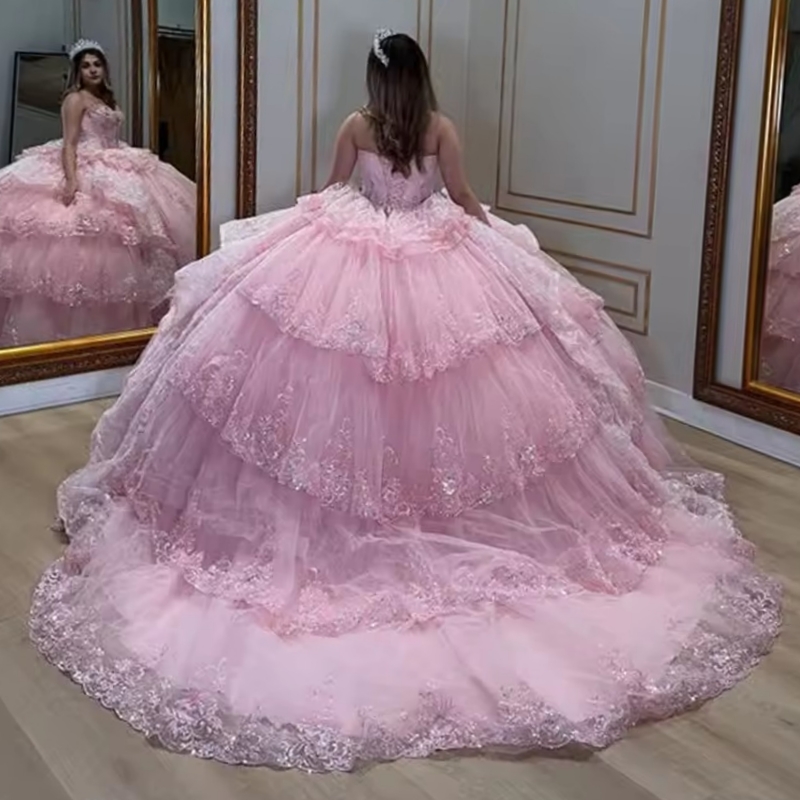 Pink Shiny Beaded Quinceanera Dresses Ball Gown Appliques Lace Party Birthday Sweet 16 Dress Vestidos De 15 Anos