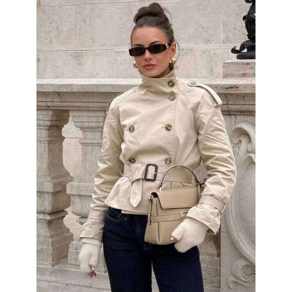 Spring Double Breasted Trench Coat With Belts Women Elegant Stand Collar Long Sleeve Jacket Office Lady Windbreaker Street Tops