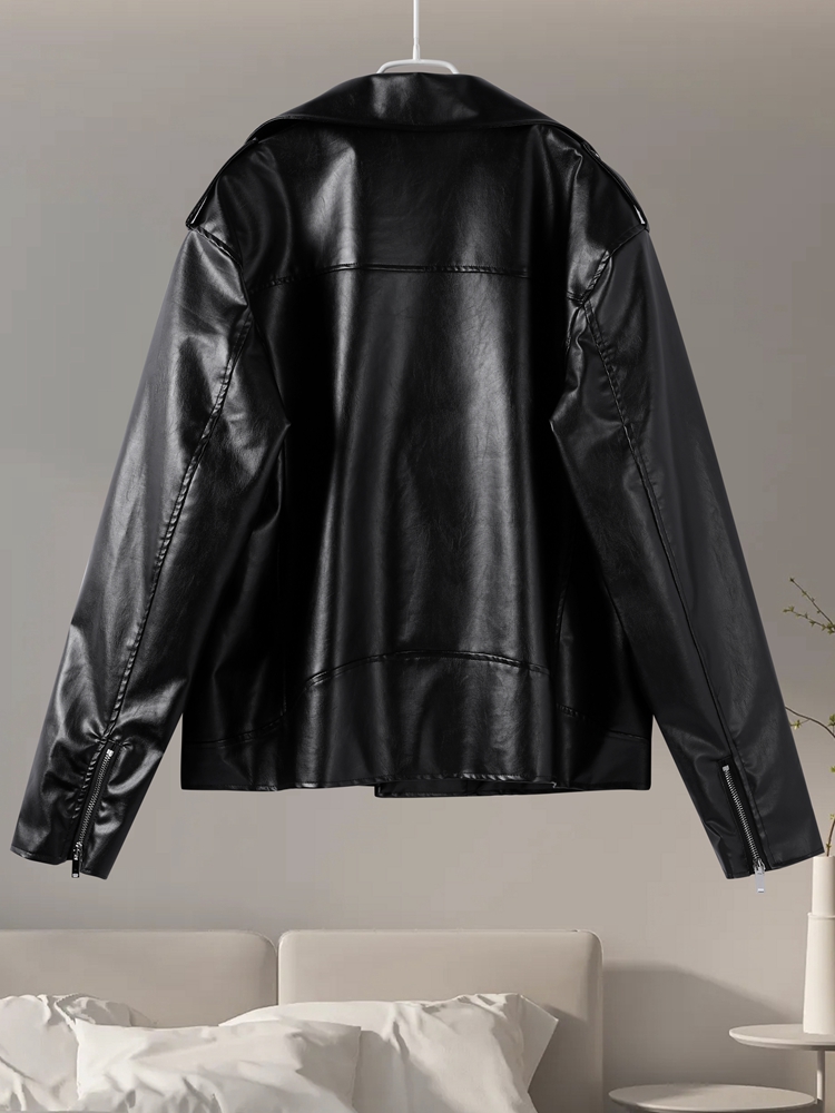 Women's Leather Outerwear Revival Lapel Zipper Coats Vintage Turn-down Collar Long Sleeve Asymmetrical Autumn Winter Jackets Chic Outerwears