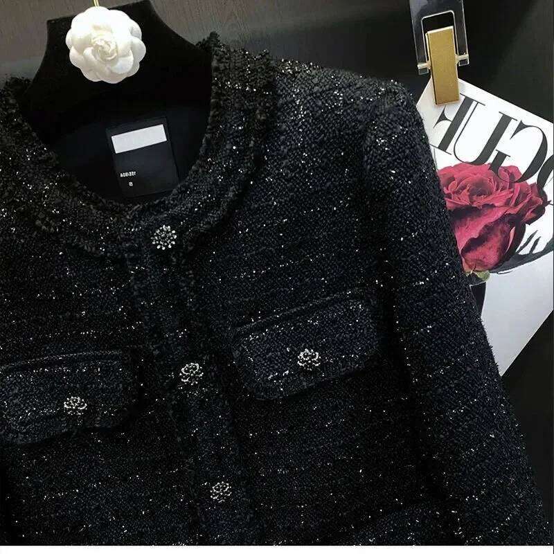 Black Jacket Women's Shiny Silk Cotton Autumn And Winter New French Socialite High-End Feeling Coarse Floral Wool Coat