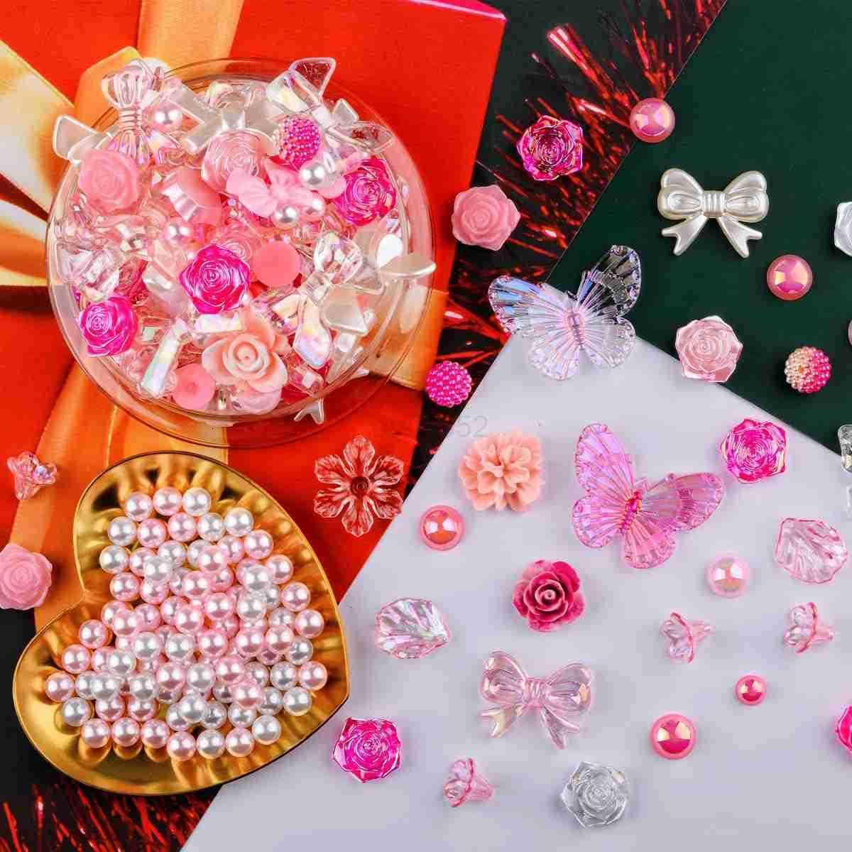 350 Pieces 3D Resin ABS Colorful Rose Flower Bows Butterfly Charms with Flatback Half Round Pearl Beads for Earring Necklace Craft DIY Making Supplies