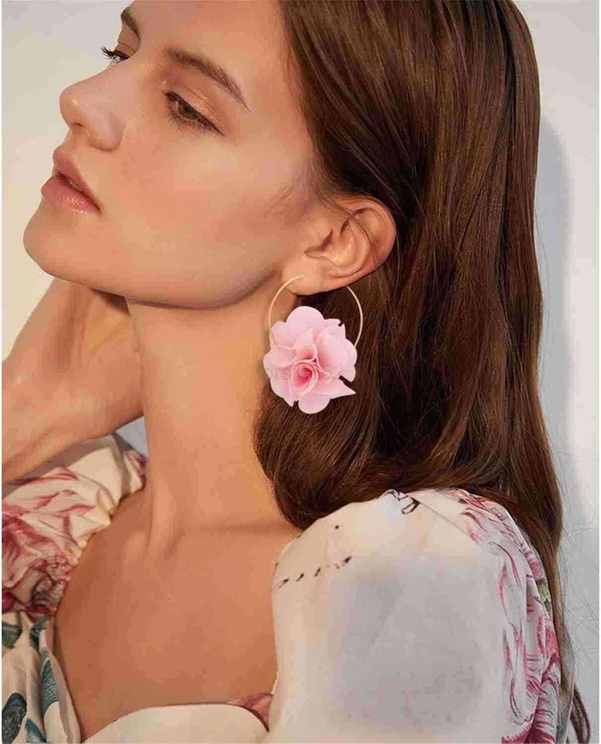 Big Fabric Flowers Dangle Drop Earrings Handmade Charm Chic Petal Hoop Earrings with Chiffon Floral Tassel for Women Vacation WeddingW250911