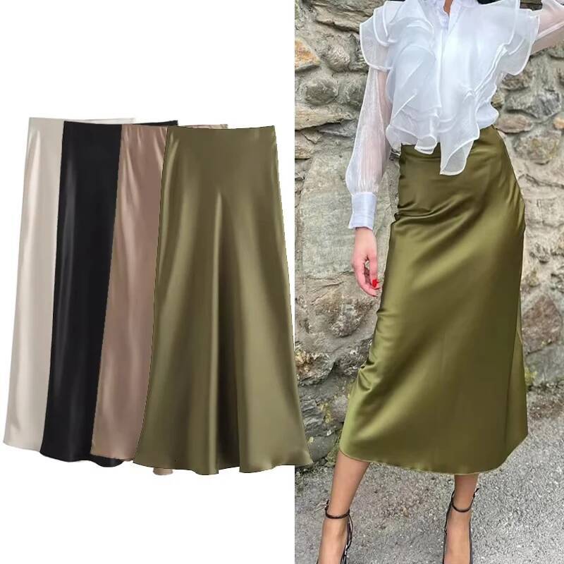 HAXO Women's Summer Elegant Satin Stylish Lady High Waist Skirts Cylinder Green Black Skirt Woman Office Street Wear dongdumaoyi