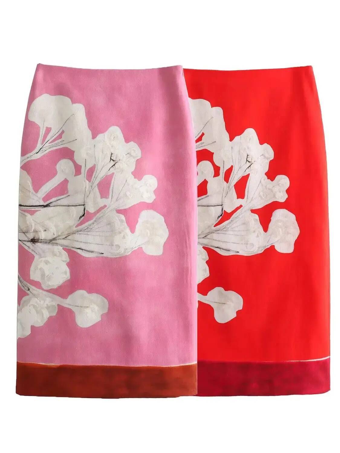 Women's Fashion 2024 Linen Blended Pencil High Waist Zipper Contrasting floral Printed Hem Slit Female Midi Skirt dongdumaoyi