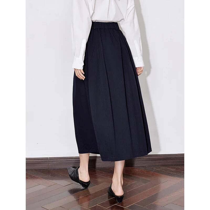 TOYOUTH Women 2025 Spring New Solid Color Pure Cotton Mid Waist Versatile Ankle Length A Line Umbrella Skirt Black dongdumaoyi