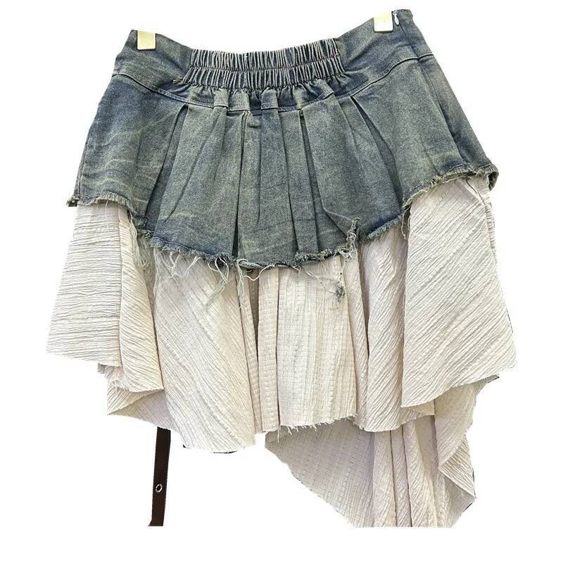 Retro Spliced Denim Pleated for Women Summer New Temperament Hot Girl Fashionable High Waist A-line Skirt dongdumaoyi