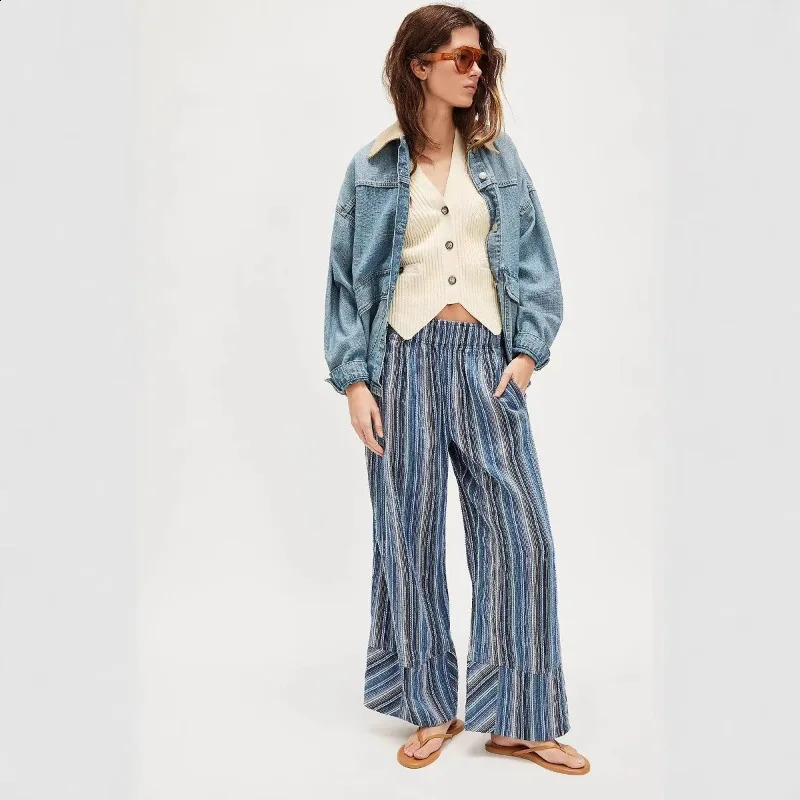 Autumn and Winter Fashion Womens Wide Leg Trousers Printed Striped Loosefitting Highwaisted Pants 250911