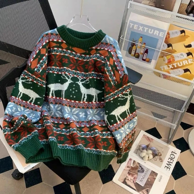 New retro Christmas outfit men deer jacquard sweater autumn and winter loose lazy style men and women sweater men clothing