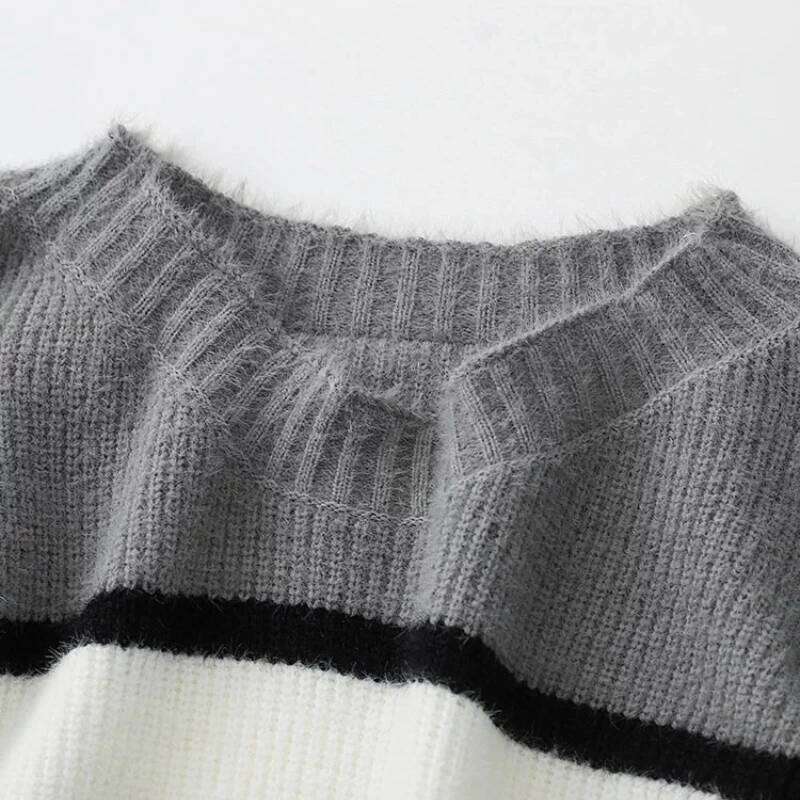 Fashion Casual O-Neck Long Sleeve Knitted Pullovers Hit Color Striped Patchwork Short Slim Sweaters Tops Women's Clothing