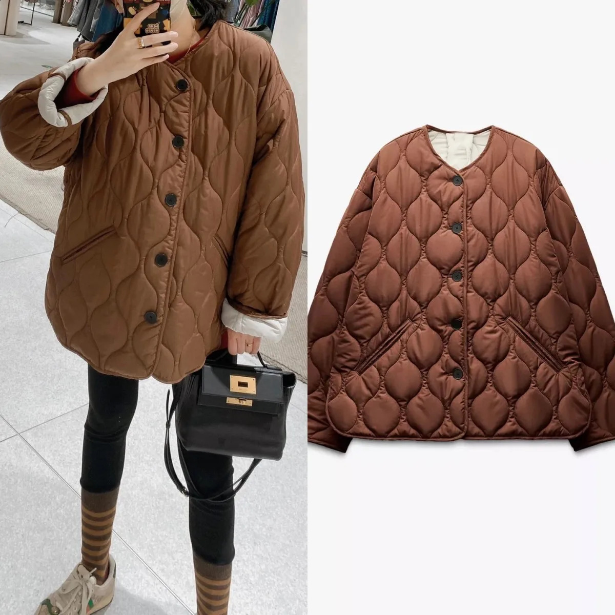 ETJ TRAF womens Autumnwinter Maillard brown light quilted diamond jacket loose version of the round neck coat 250911