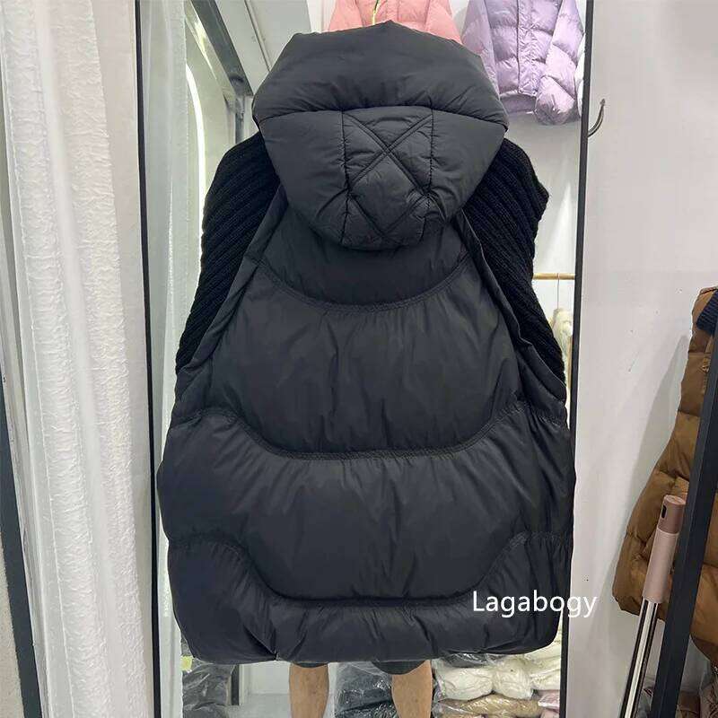 Lagabogy 2025 Winter Women White Duck Down Sleeveless Warm Puffer Jacket Casual Loose Knitwear Patchwork Vest Hooded Waistcoat