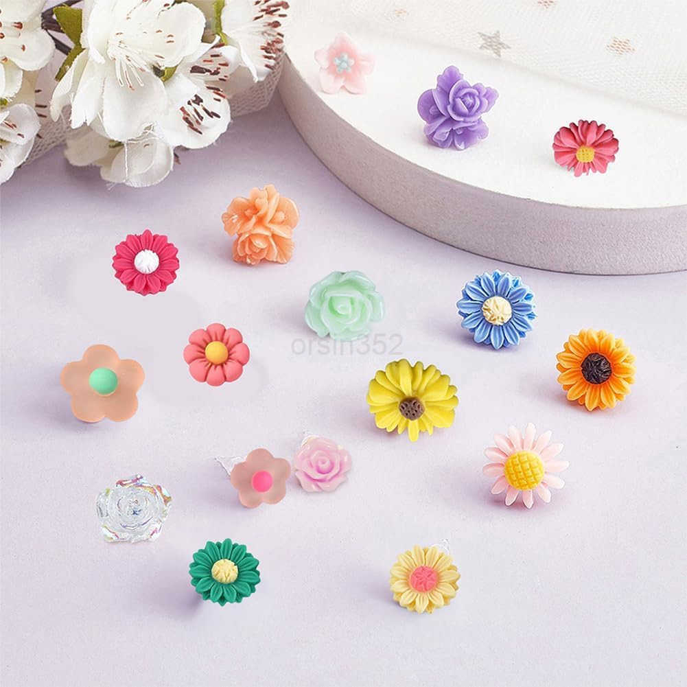 1 Box DIY 20 Pairs Mixed Resin Flower Flatback Cabochon Studs Earring Kit Resin Rose Daisy Charms with Stainless Steel Post for Jewelry Making Arts Cr