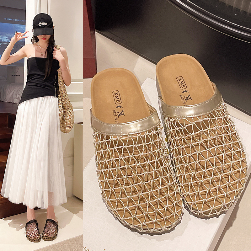 2025 autumn new designer women's shoes women's mesh toe slippers hollow mesh breathable flat shoes for external wear lazy half slippers