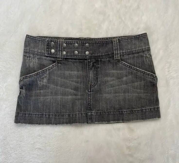 Y2K Adjustable Mini Haruku Hot Girl Solid Color Retro Gray Denim Women Gothic Slim Hip Low Waist Short Skirt dongdumaoyi