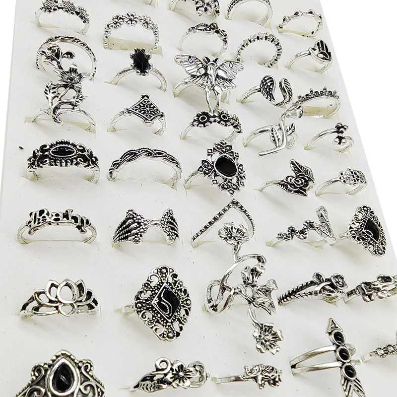 50pcslot Bulk New Mix Design Bohemia Vintage Rings For Women Black Enamel Metal Fashion Charms Party Gift Flower Finger Jewelry W250911