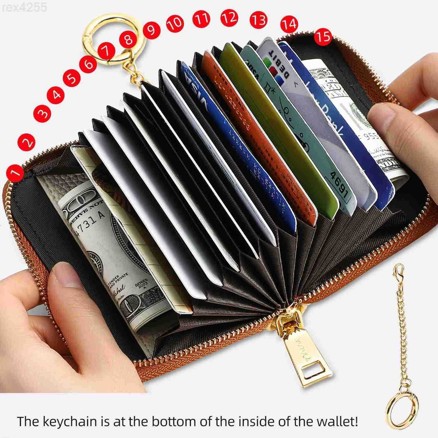 Lether Women Credit Card Wallet Zipper Business Card Holder for Women RFID Blocking KeyChain Wallet WhiteW250911