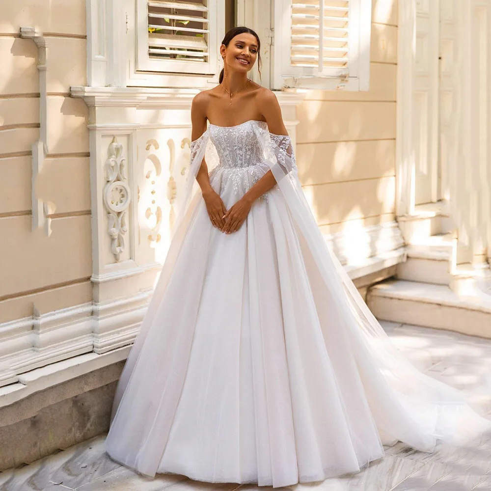 Elegant Boho Lace Wedding Dress Cap Sleeves Embroidery Sequins Beads A-line Tulle Bridal Bride Garden Party Gowns Vestidos De Novia