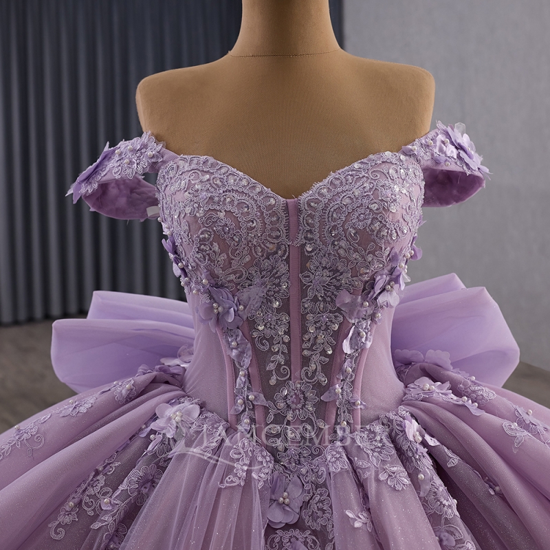 Lilac Shiny Quinceanera Dresses Ball Gown Off The Shoulder Applique Flower Beads Tull Bow Party Birthday Sweet 16 Dress Vestidos 15 De Anos