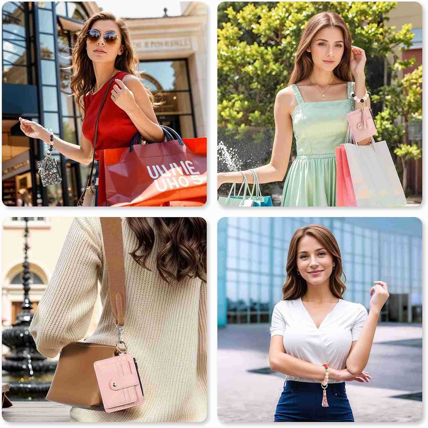 Small Credit Card Wallet with Keychain Wristlet Beads Ring PU Leather Card Holder 8 Card Slots 1 ID Window 1 Zipper Pocket Flower PrintW250911