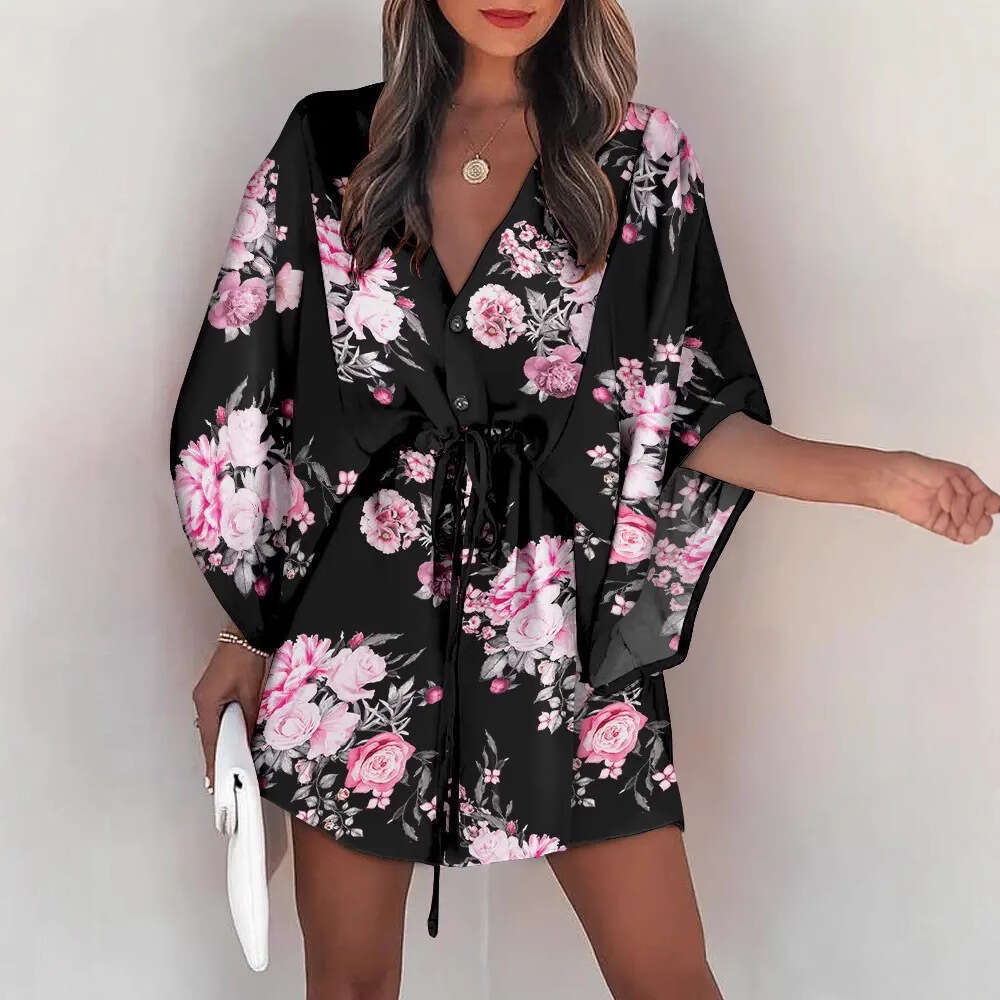 2025 Cross-Border European and American Summer Flutter Sleeve A-Line V-Neck Tie Casual Vacation Short Dress