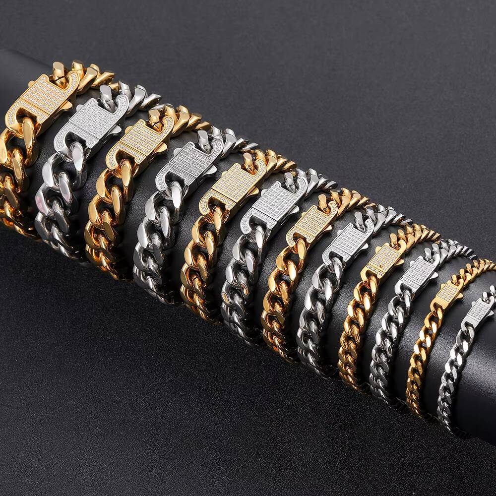 NUOYA Hip Hop Cuban Curb Link CNC Inlaid Zircon Iced Clasp 18k Gold Plated Stainless Steel Cuban Chain Necklace