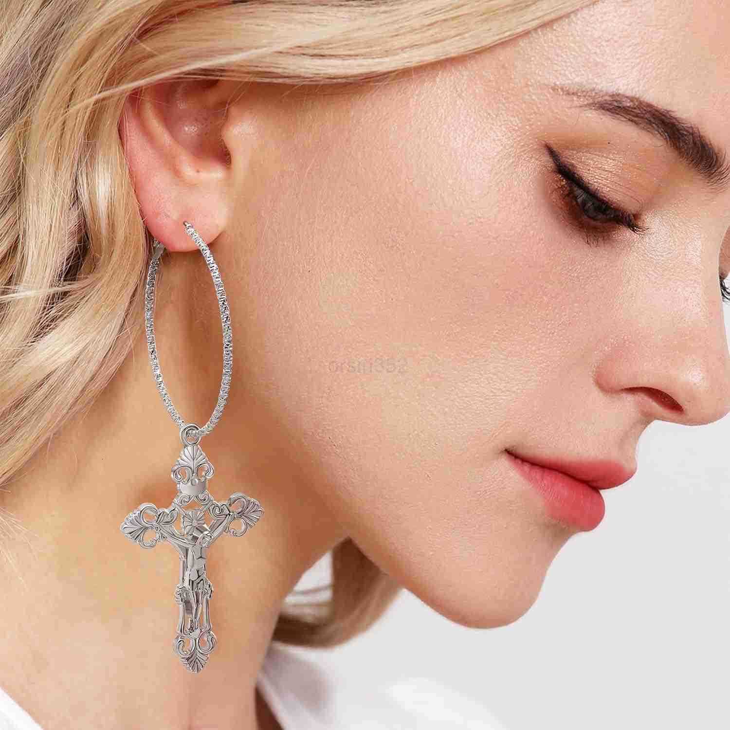 Vintage Gothic Cross Dangle Hoop Earrings Cross with Hoop Charm Tassel Dangle Drop Earrings Christian Jewelry for WomenW250911