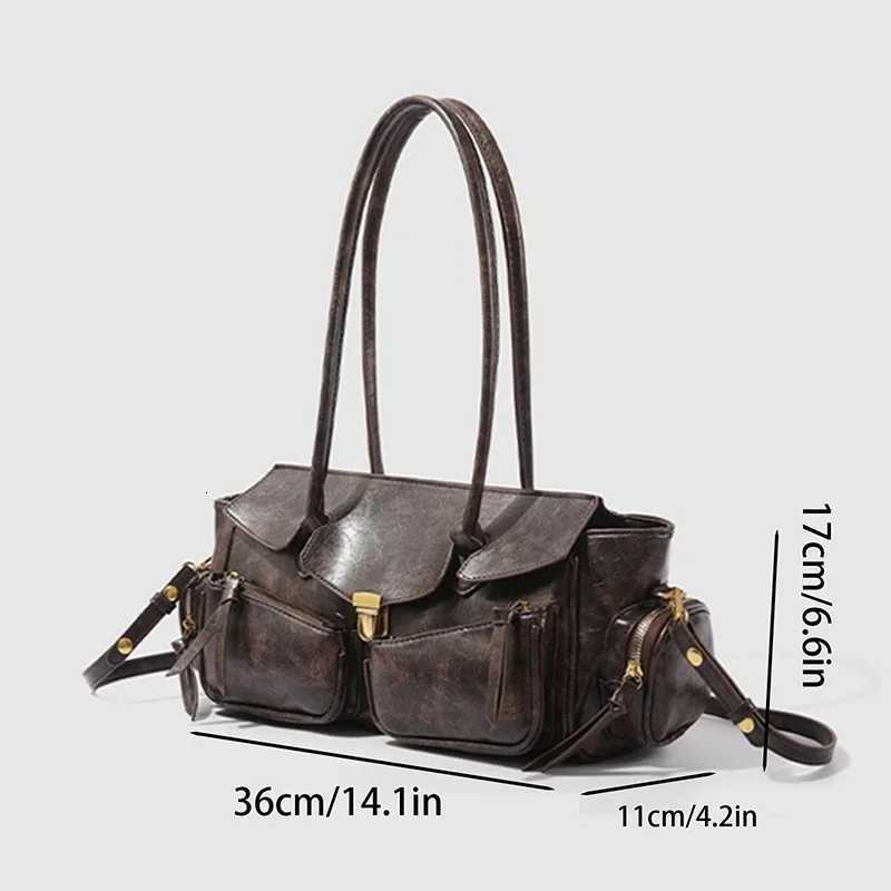Vintage Underarm Bag For Girl Versatile Handbag Multipocket Motorcycle Bag Luxury Designer Handbag Spaghetti Strap Leather Bag W250911