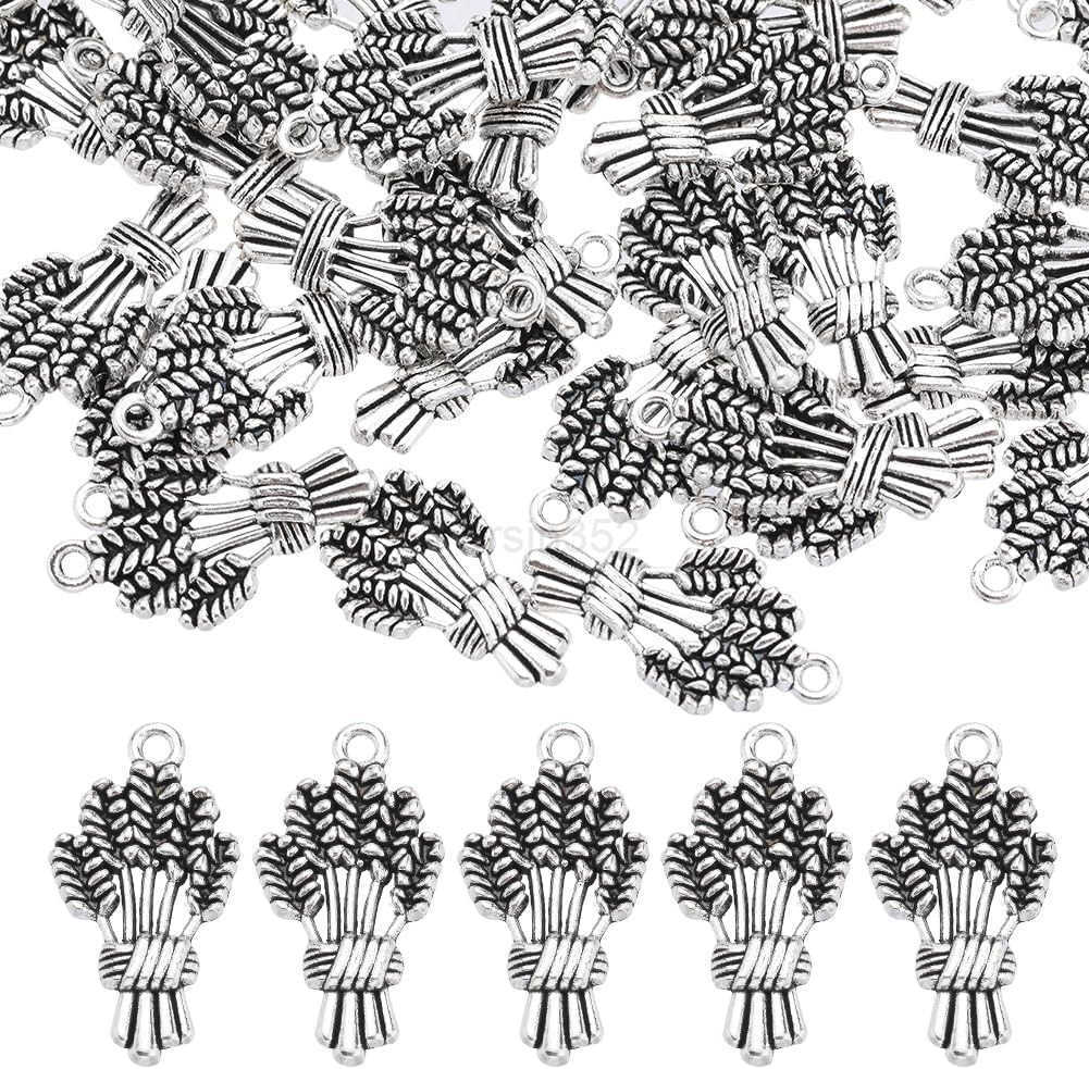 1 Box 50Pcs Thanksgiving Wheat Charm Fall Harvest Autumn Charms Bulk Tibetan Style Antique Silver Spike Flower Wheat Ears Pendants for Jewelry Making 